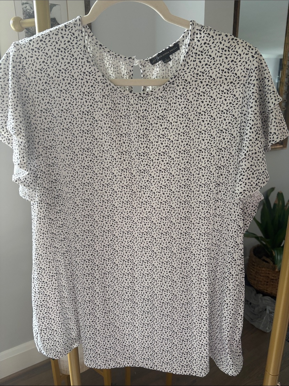 Adrianna Papell White Blouse with Black Dot Print and Flutter Sleeves
